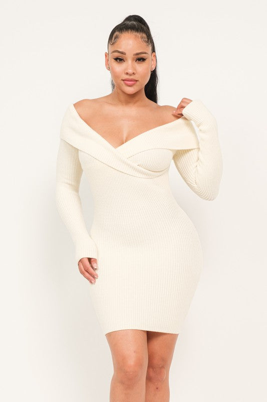 Cream Long Sleeve Off the Should Mini Dress