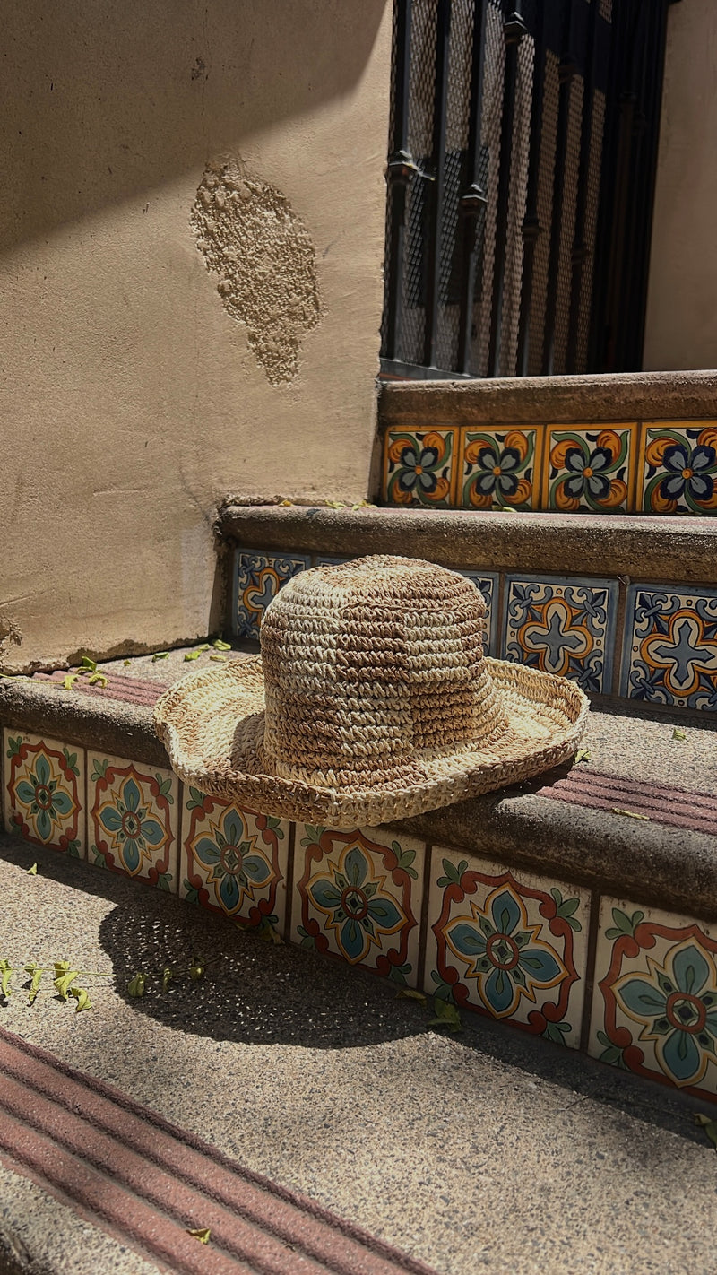 Beige Checkered Straw Bucket Hat