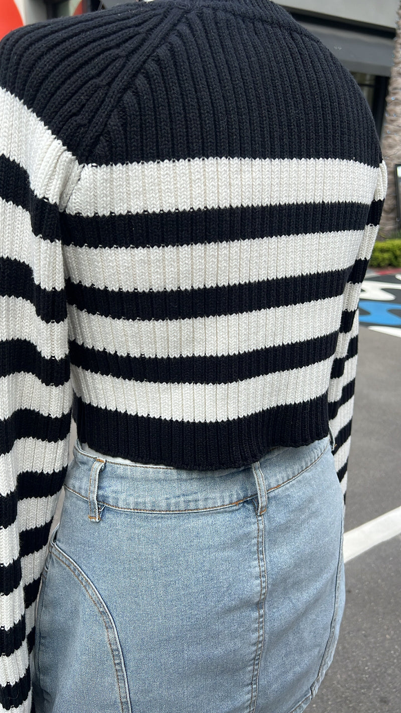 Black and White Striped Cropped Sweater