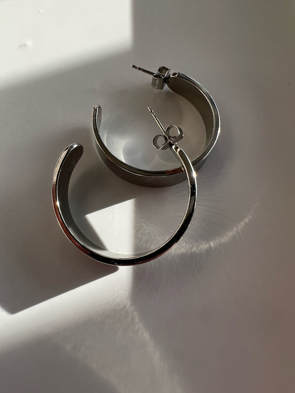 Silver Thick Band Hoop Earrings