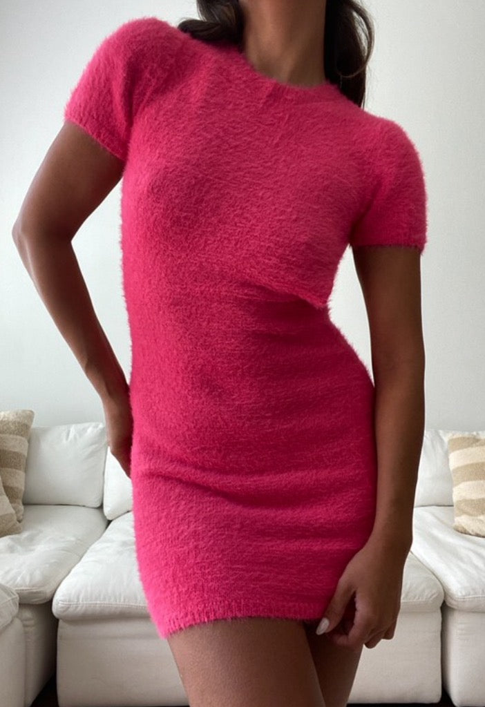 Pink Fuzzy Knit Open Back Mini Dress